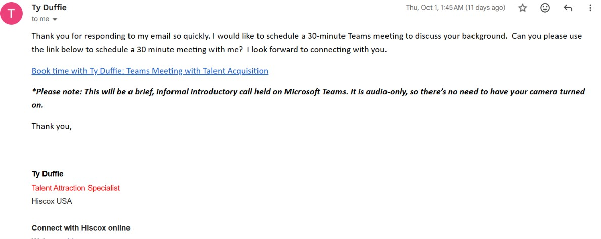 Interview invitation email a candidate received