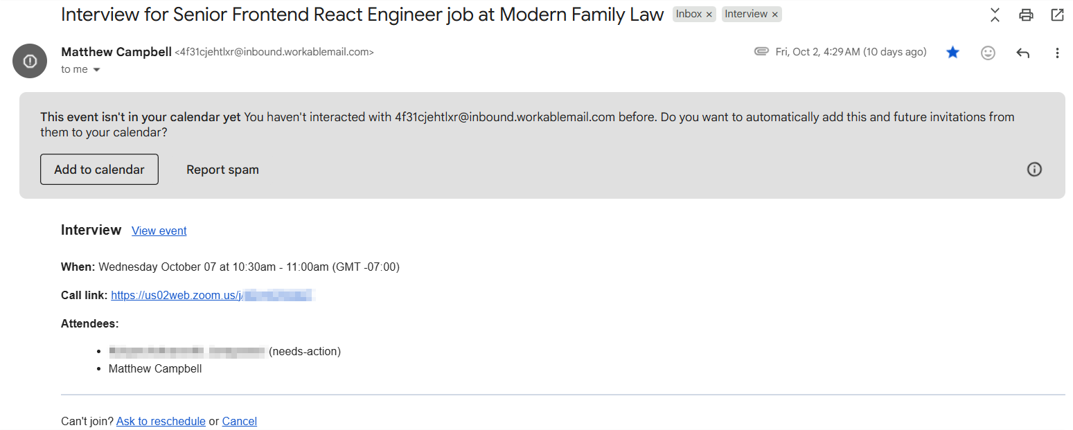 Interview invitation email a candidate received