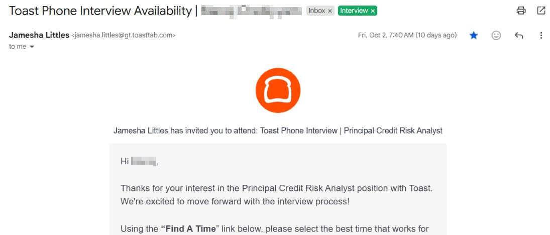 Interview invitation email a candidate received