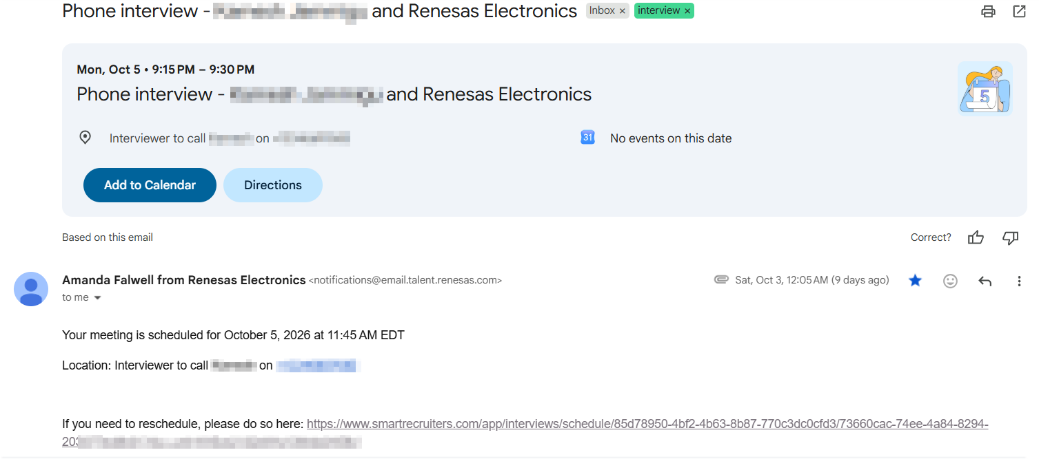 Interview invitation email a candidate received
