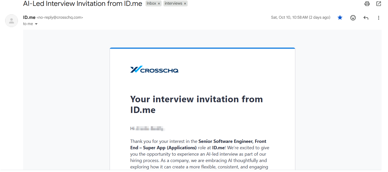 Interview invitation email a candidate received