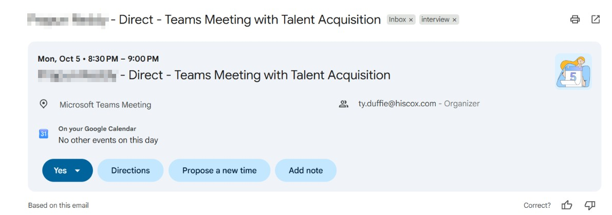 Interview invitation email a candidate received