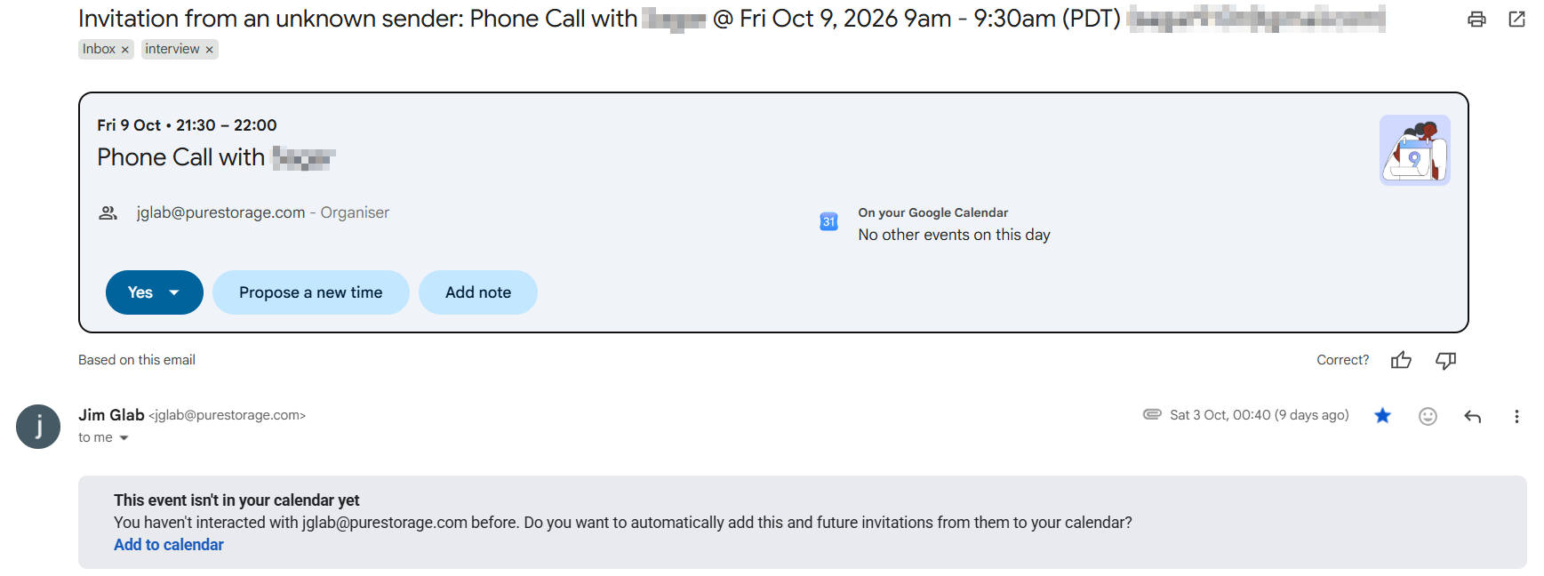 Interview invitation email a candidate received