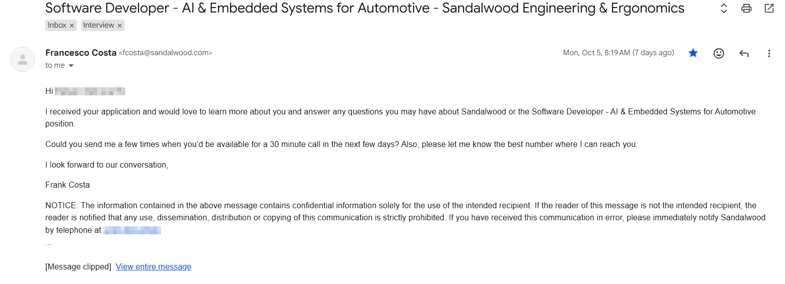 Interview invitation email a candidate received