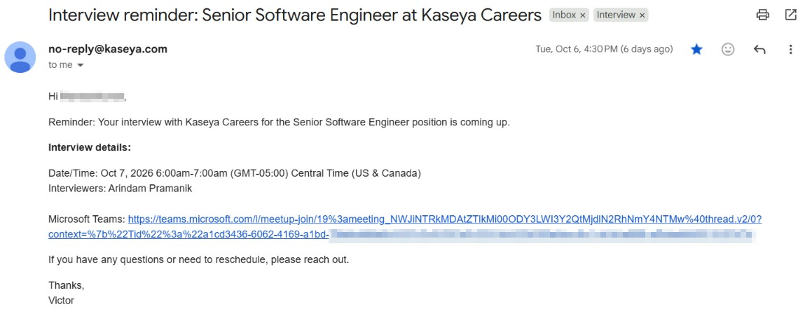 Interview invitation email a candidate received