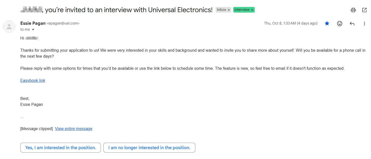 Interview invitation email a candidate received