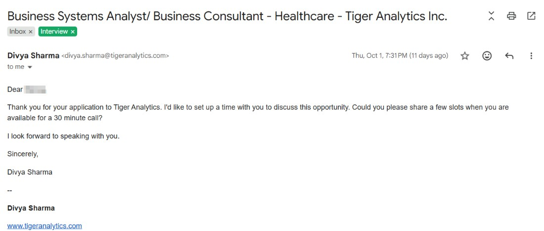 Interview invitation email a candidate received