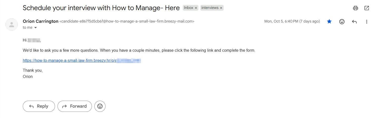 Interview invitation email a candidate received