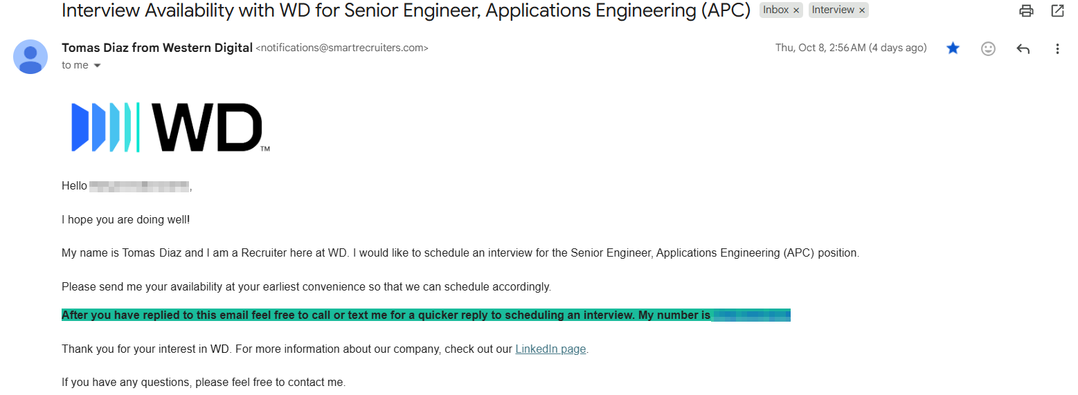 Interview invitation email a candidate received