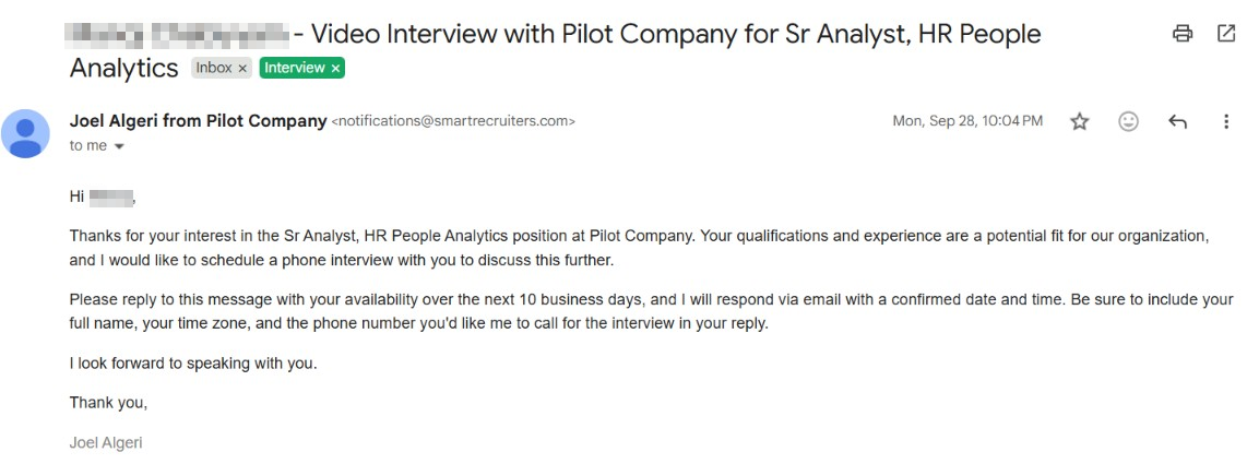 Interview invitation email a candidate received