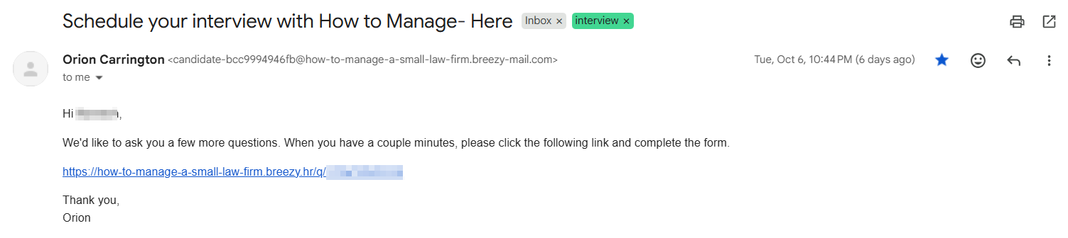Interview invitation email a candidate received