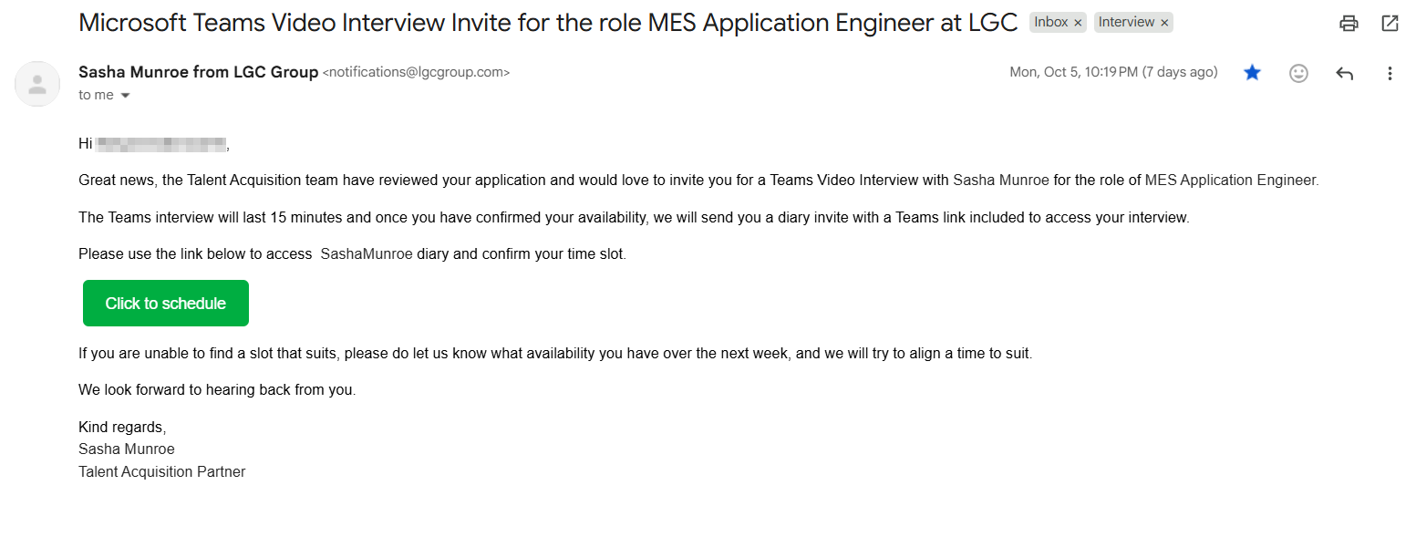Interview invitation email a candidate received
