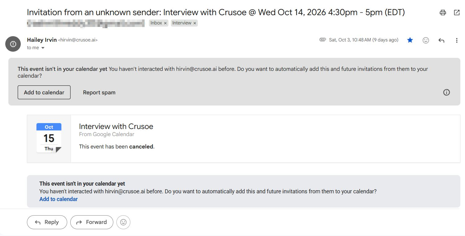 Interview invitation email a candidate received