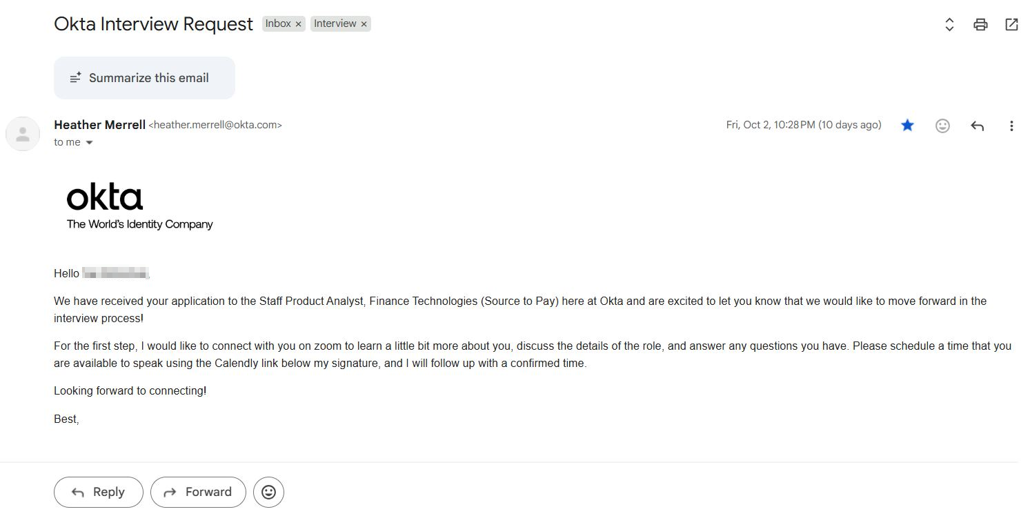 Interview invitation email a candidate received