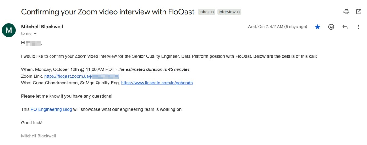 Interview invitation email a candidate received