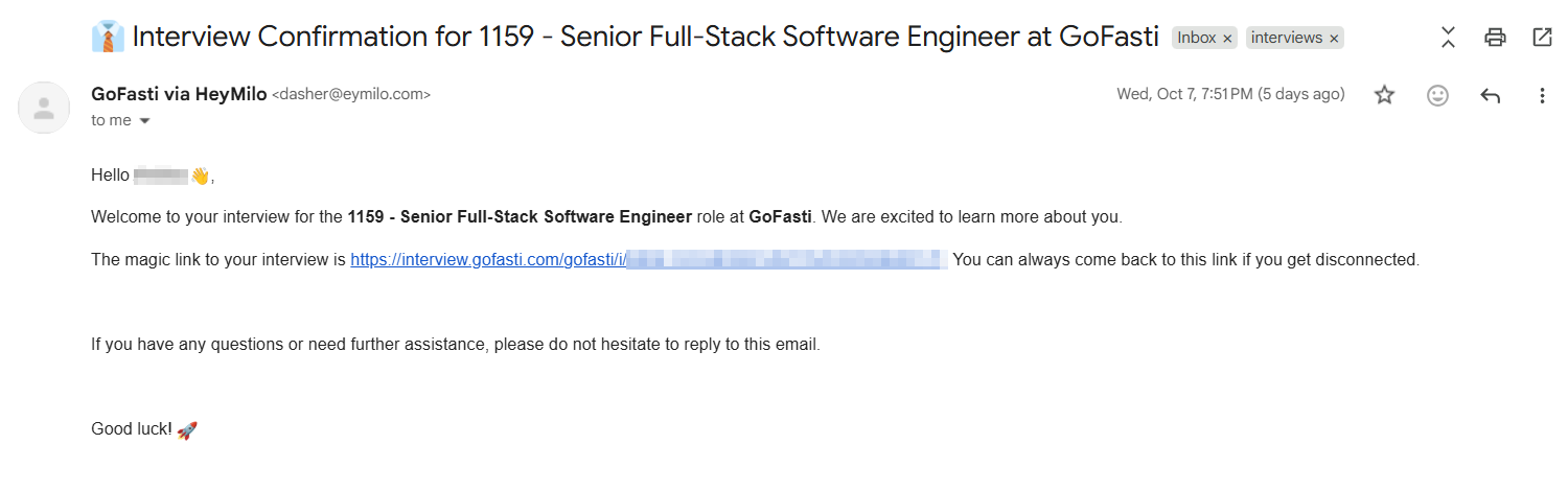 Interview invitation email a candidate received