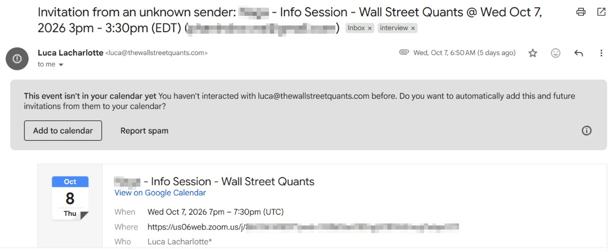 Interview invitation email a candidate received